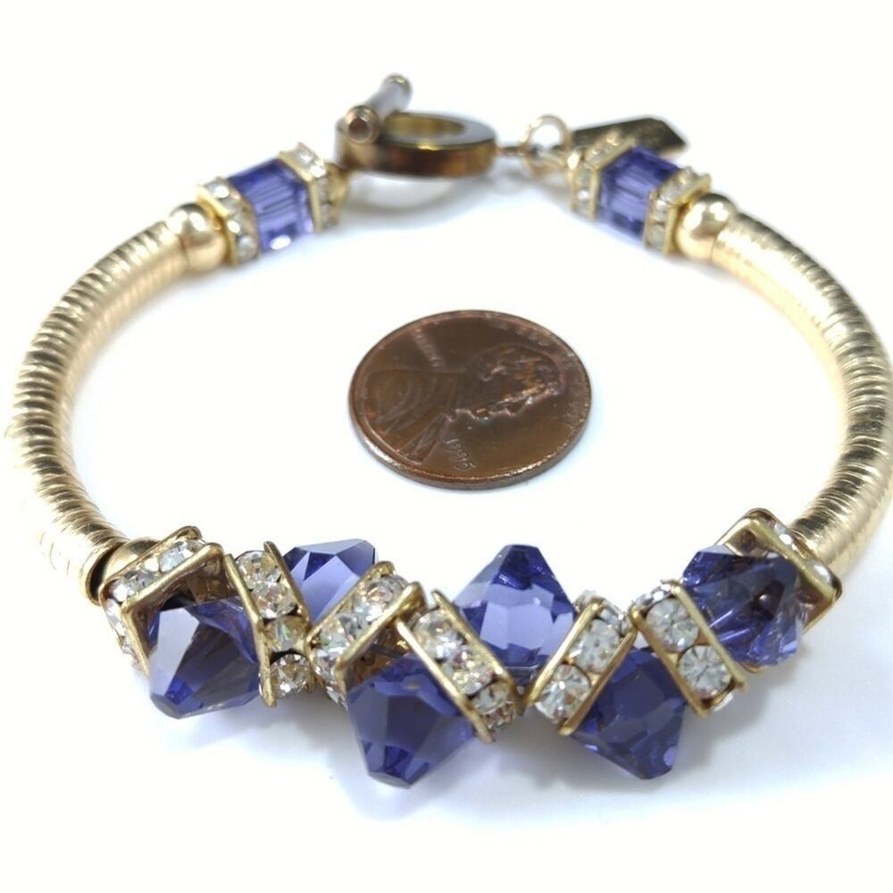 Purple Crystal Bracelet, Clear Rondelle Rhinestone Beads, 7 Inch, Toggle Clasp